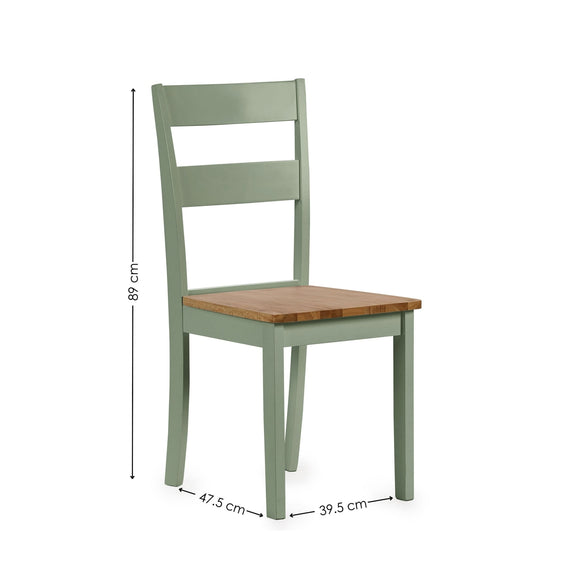 Green chair with wooden seat and dimensions on a white background