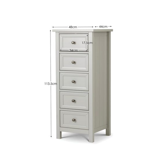 White wooden cabinet with four drawers and dimensions labeled on a white background