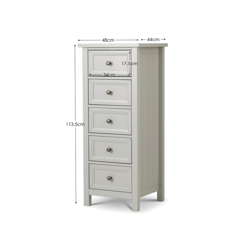 White wooden cabinet with four drawers and dimensions labeled on a white background