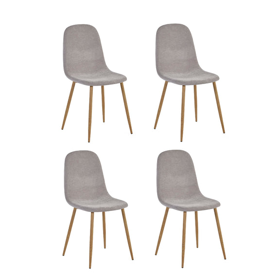 Four gray chairs with wooden legs on a white background