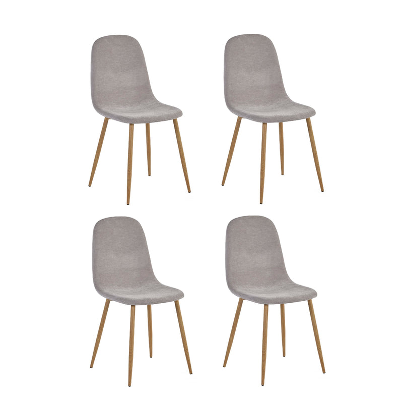 Four gray chairs with wooden legs on a white background
