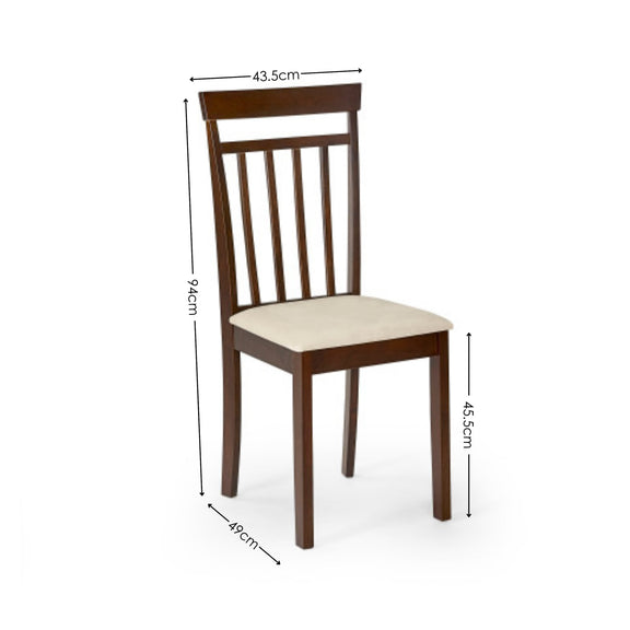 Wooden chair with dimensions labeled on a white background