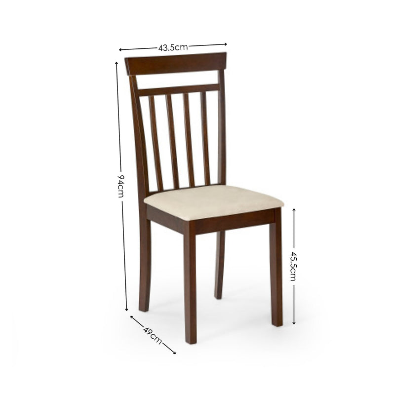 Wooden chair with dimensions labeled on a white background
