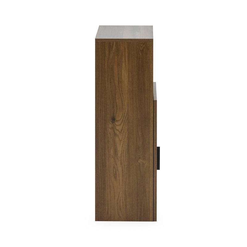 Wooden cabinet with a white countertop on a white background