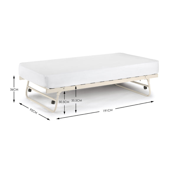 White bed with dimensions labeled on a white background