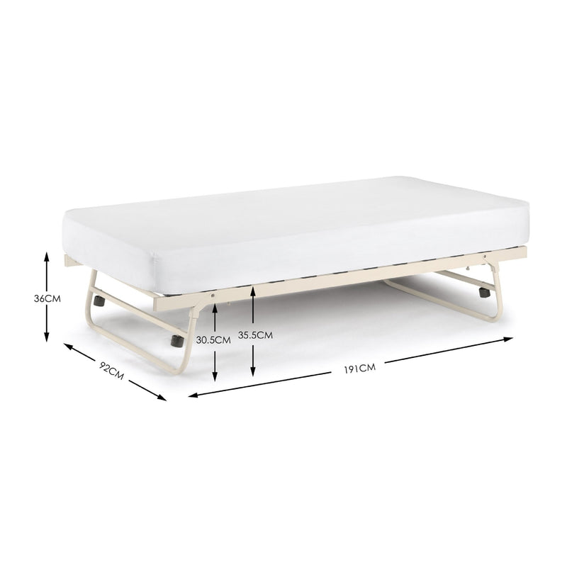 White bed with dimensions labeled on a white background