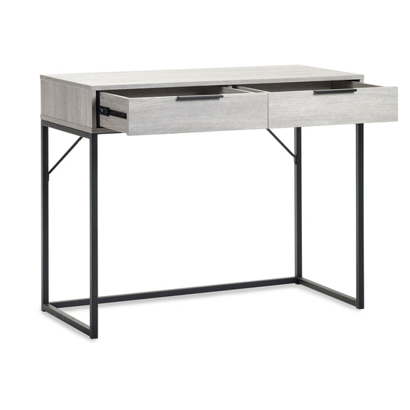 Modern desk with a light gray finish and black metal legs on a white background