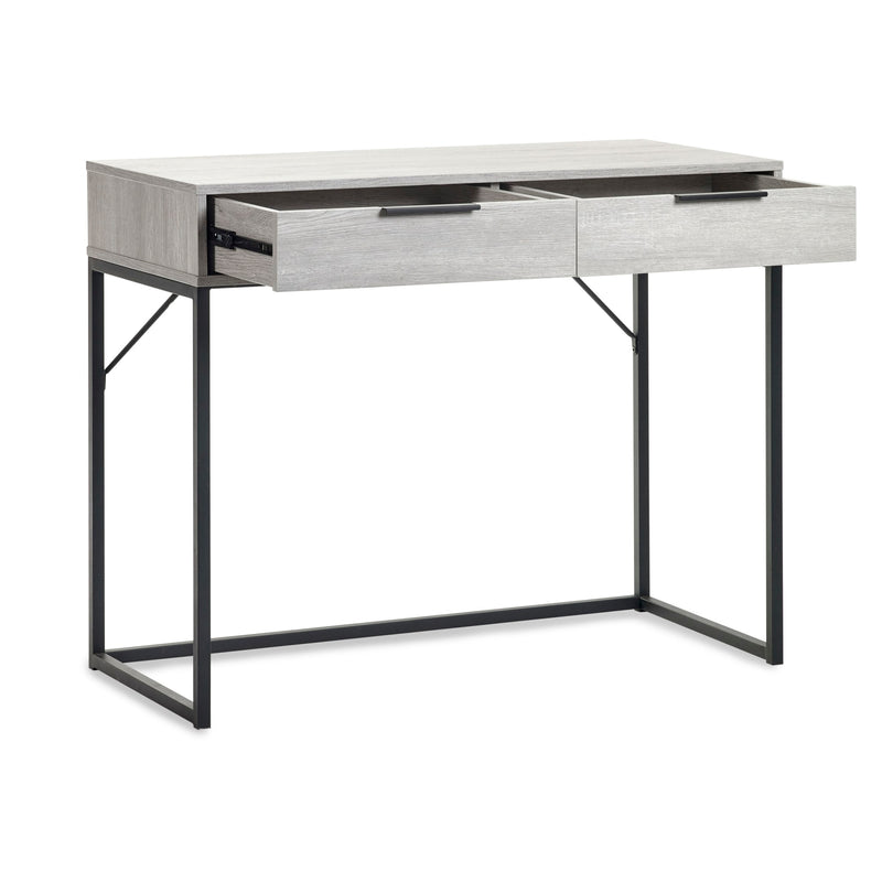 Modern desk with a light gray finish and black metal legs on a white background