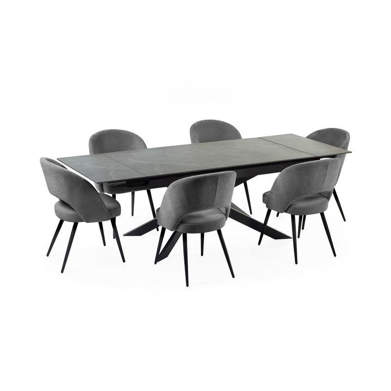 Dining table set with six gray chairs on a white background