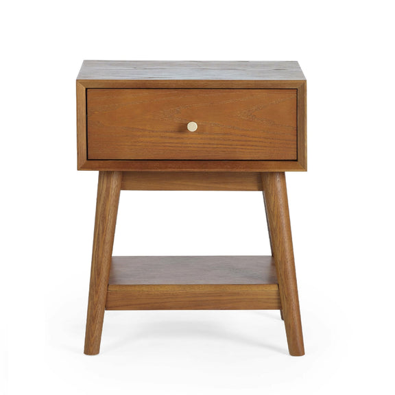 Wooden side table with a drawer on a white background