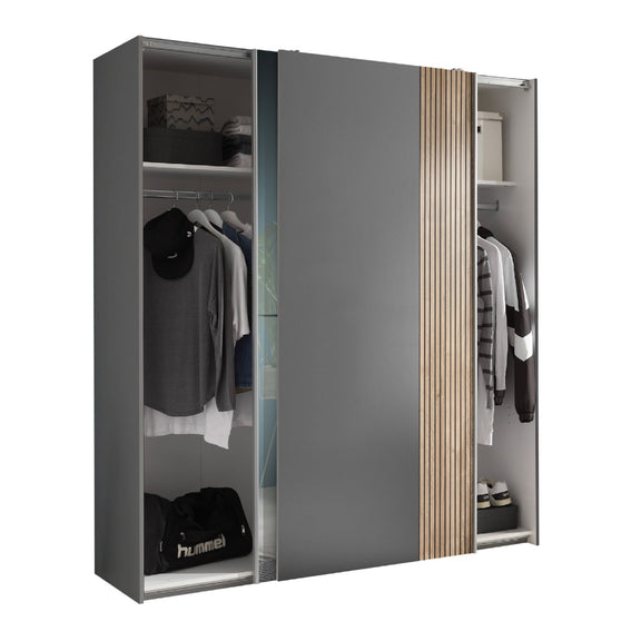 Gray wardrobe with open doors showing clothes and shelves on a white background