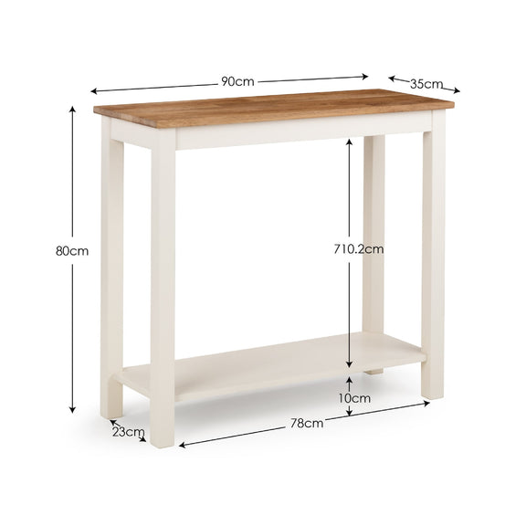 White kitchen table with wooden top and dimensions labeled on a white background