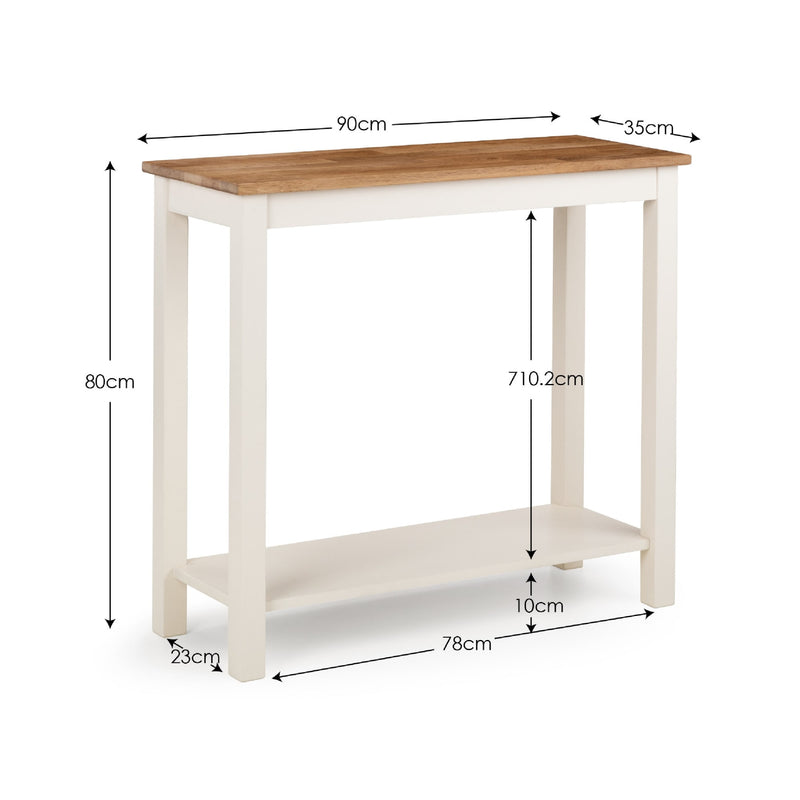 White kitchen table with wooden top and dimensions labeled on a white background
