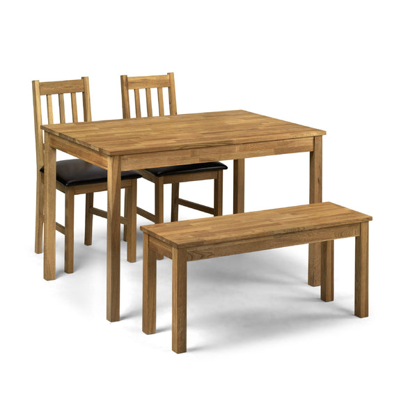 Wooden dining set with table, chairs, and bench on a white background
