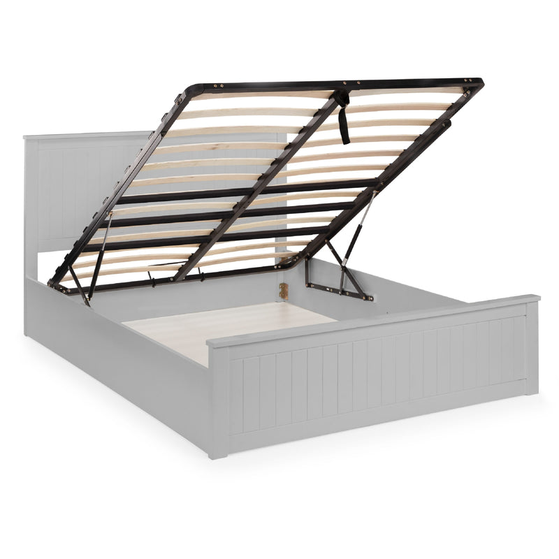 Gray bed frame with wooden slats on a white background