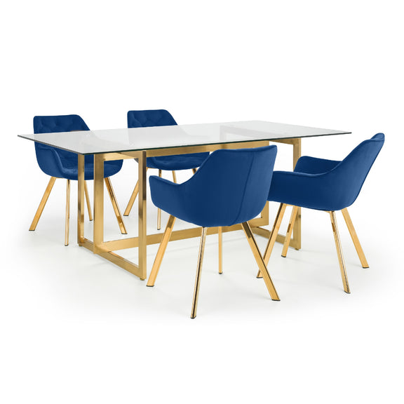 Dining table with four blue chairs on a white background