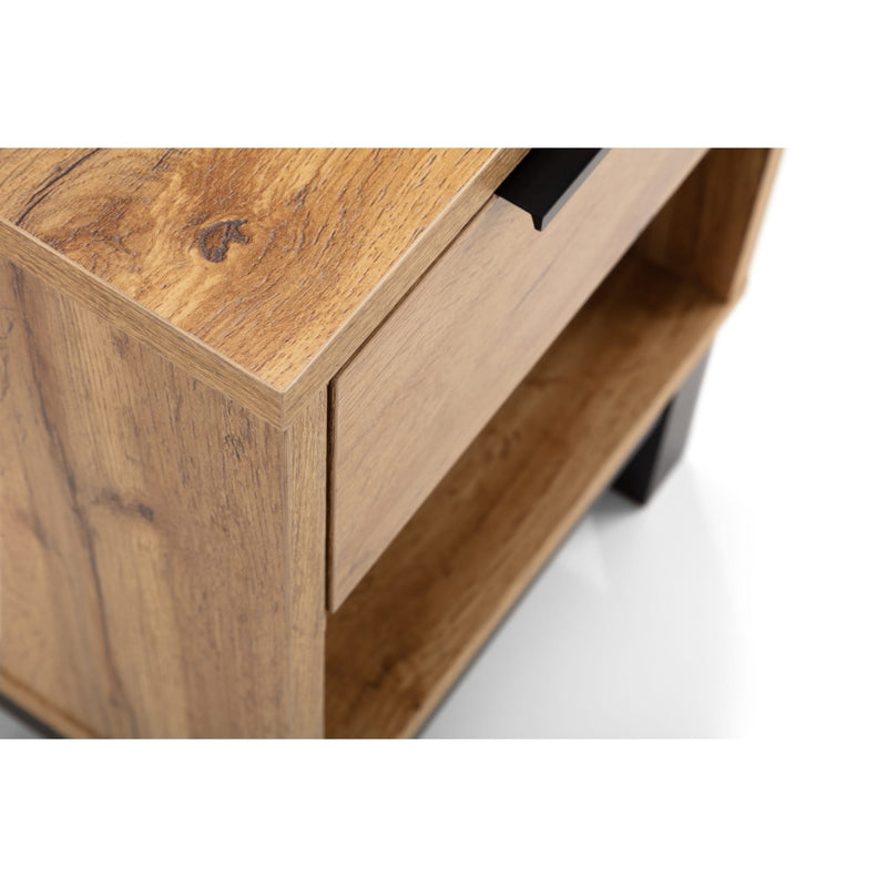 Wooden side table with a drawer on a white background
