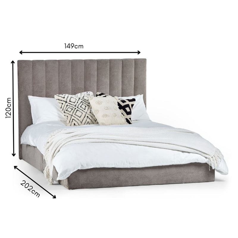 Gray upholstered bed with white bedding and pillows, dimensions indicated on a white background