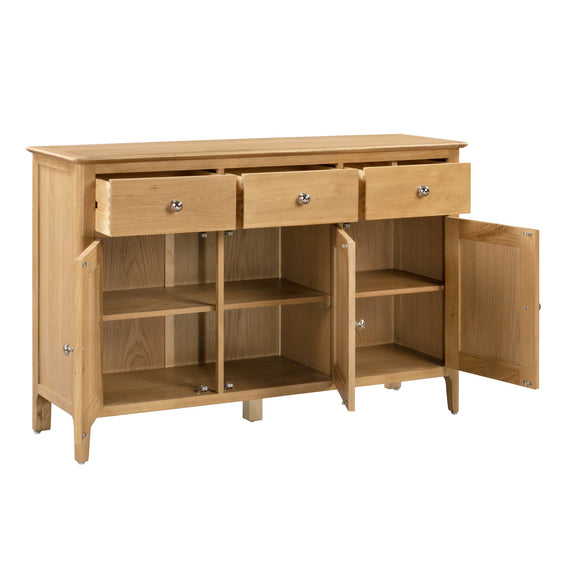 Wooden sideboard with open doors and drawers on a white background