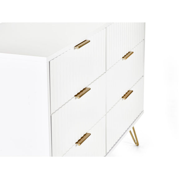 White side table with gold legs and handles on a white background