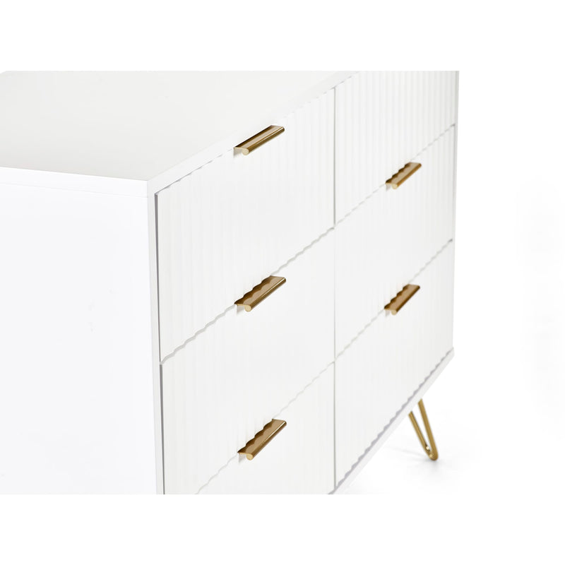 White side table with gold legs and handles on a white background