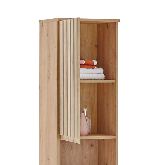 Wooden wardrobe with folded clothes inside on a white background