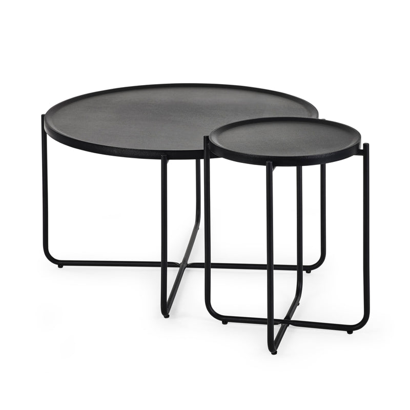 Two black nesting tables on a white background