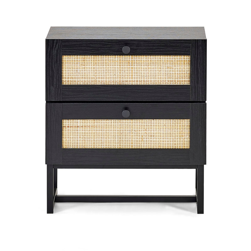 Black nightstand with rattan drawer fronts on a white background