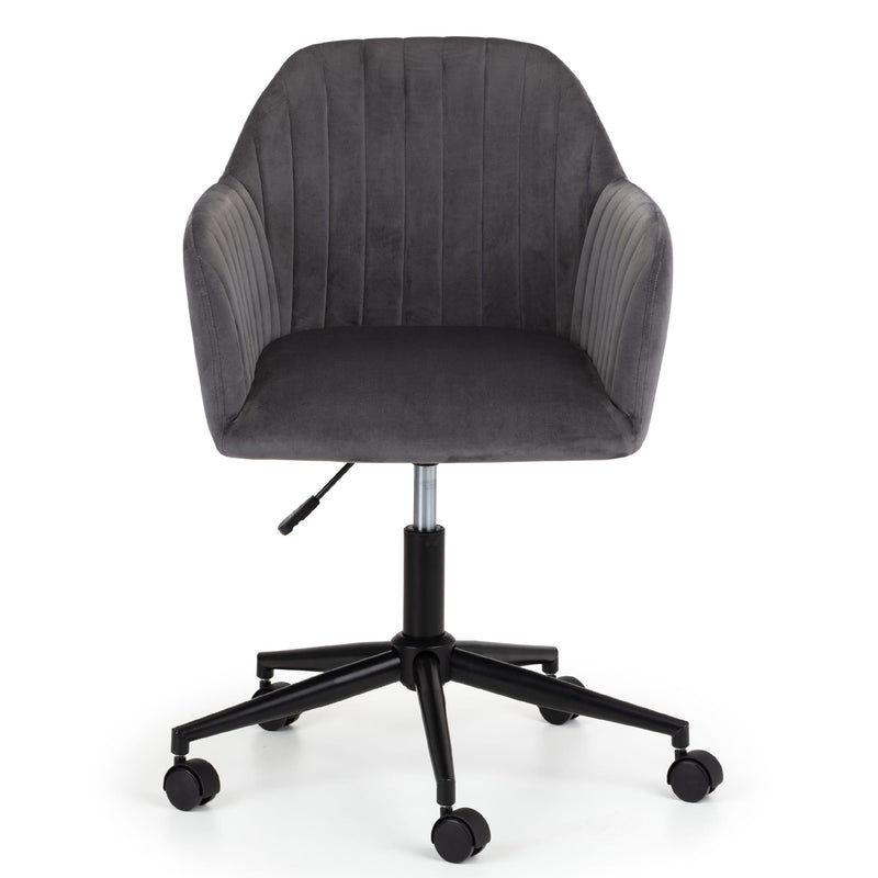 Gray office chair with black wheels on a white background