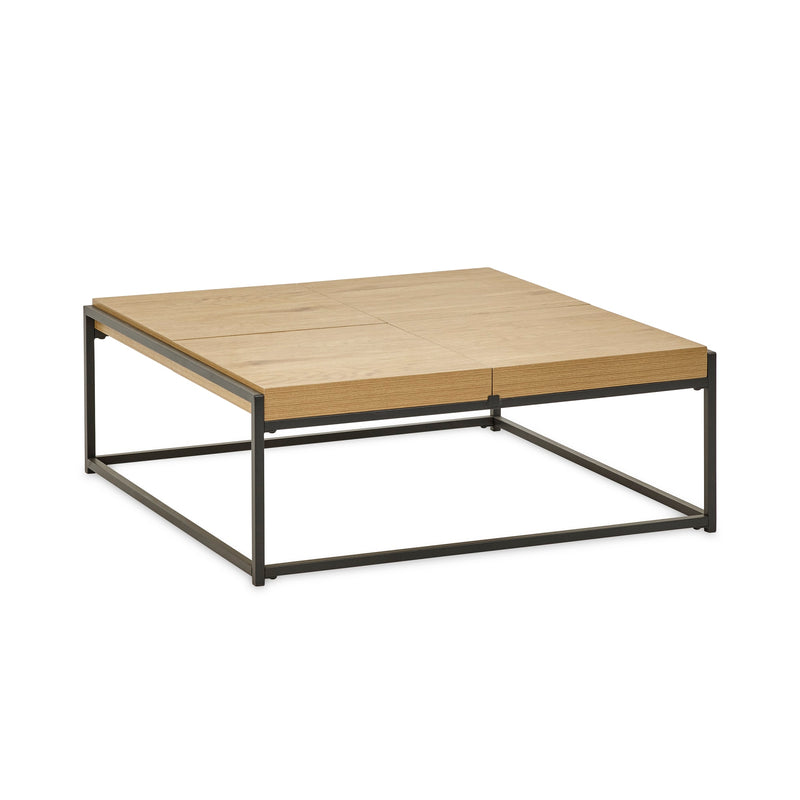 Square coffee table with wooden top and metal frame on a white background