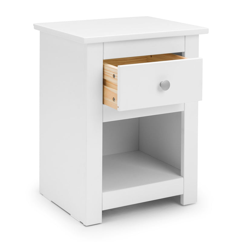 White nightstand with a single drawer on a white background