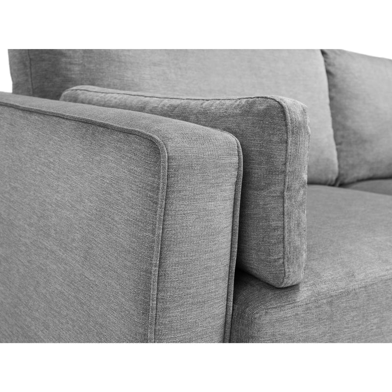 Gray fabric sofa with a close-up of the armrest and backrest.