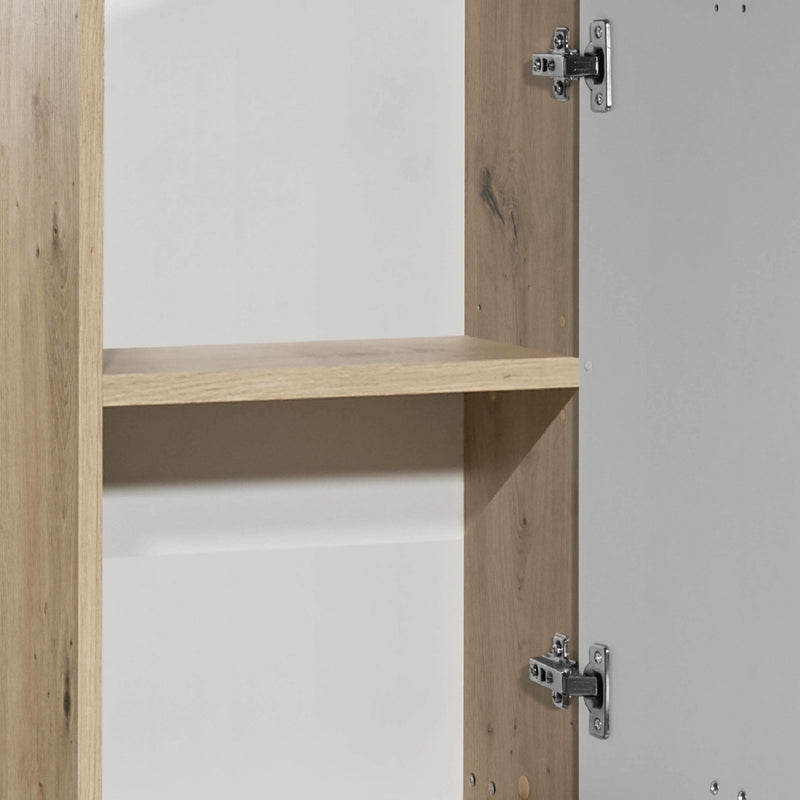 Wooden cabinet with open door on a white background