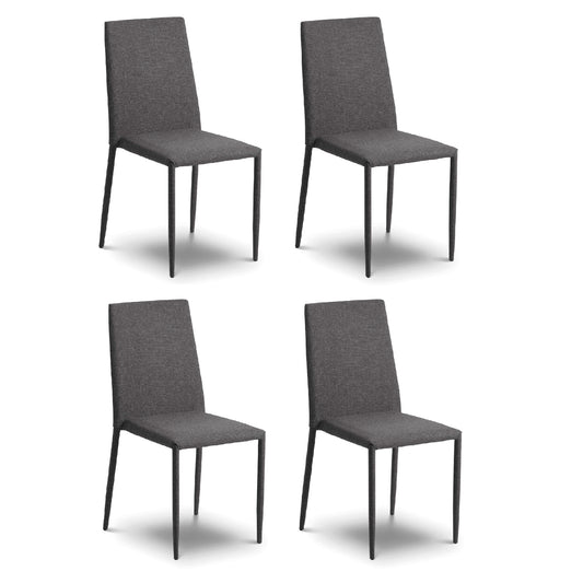 Four gray chairs with black legs on a white background