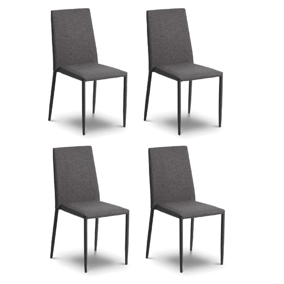 Four gray chairs with black legs on a white background