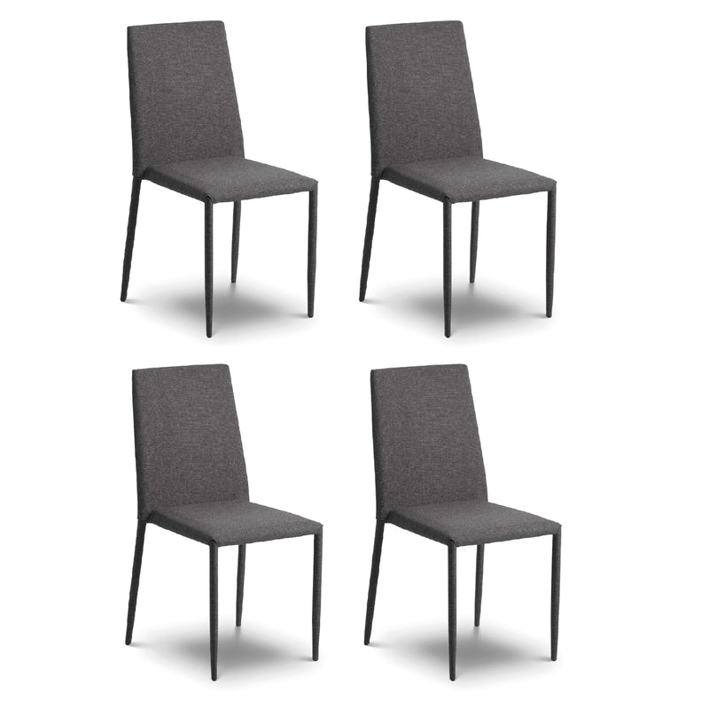 Four gray chairs with black legs on a white background