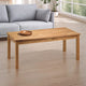 Wooden coffee table in a living room with a gray sofa and plants.