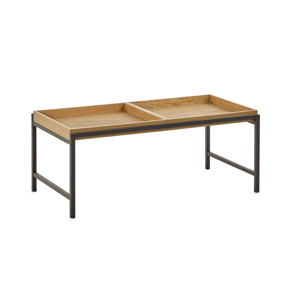 Two-tiered wooden table with metal frame on a white background