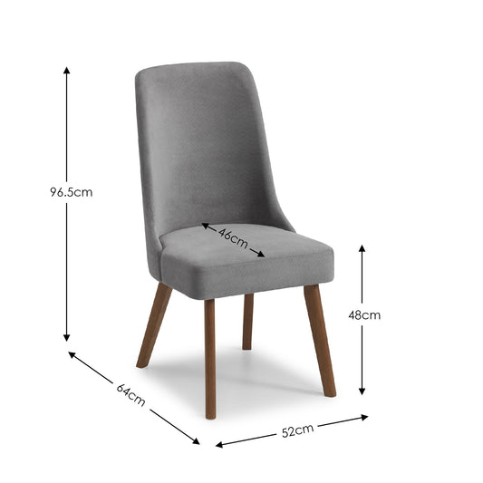 Gray upholstered chair with dimensions marked on a white background