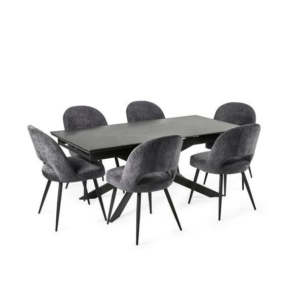 Dining table set with six gray chairs on a white background