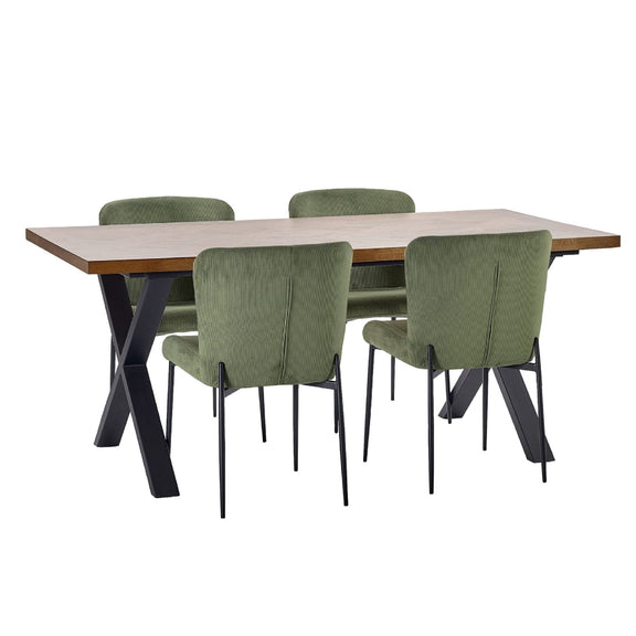 Dining table with four green chairs on a white background