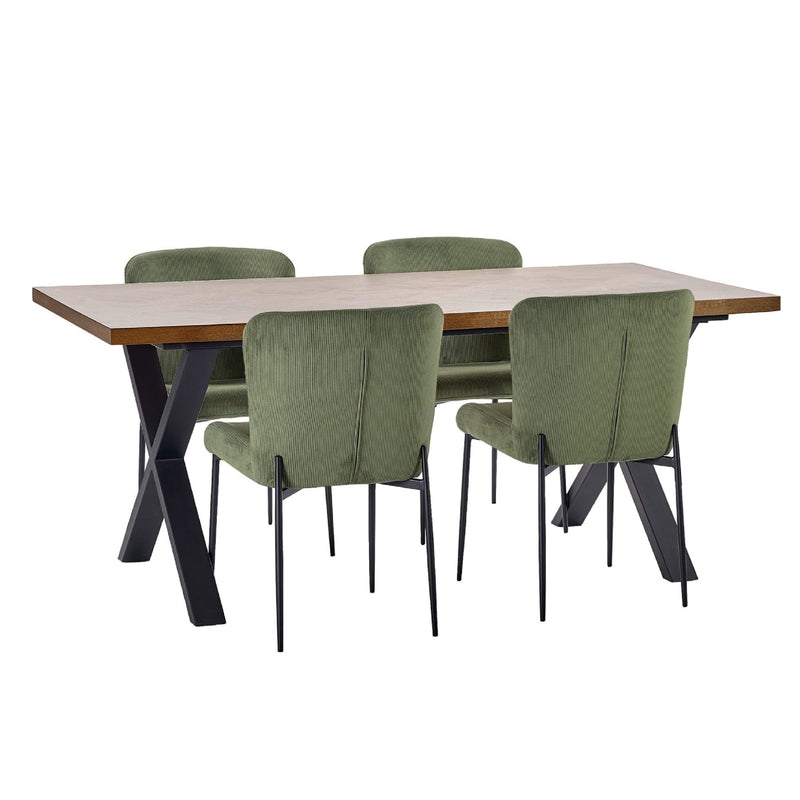 Dining table with four green chairs on a white background