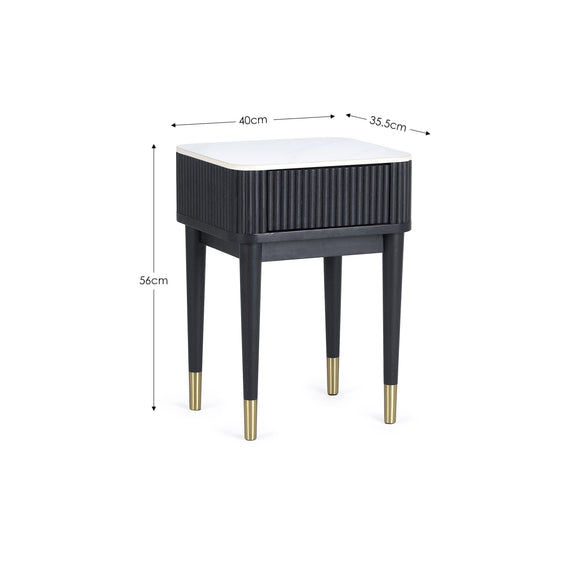 Black side table with gold legs and white top, shown with dimensions on a white background