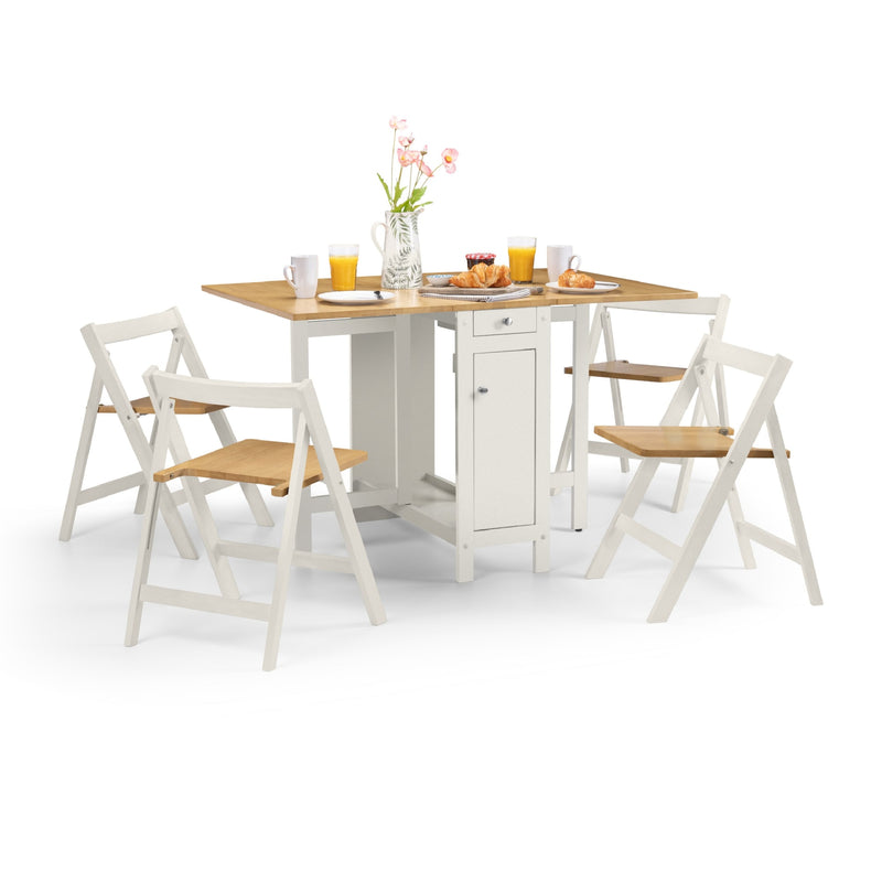 Dining table set with four chairs on a white background