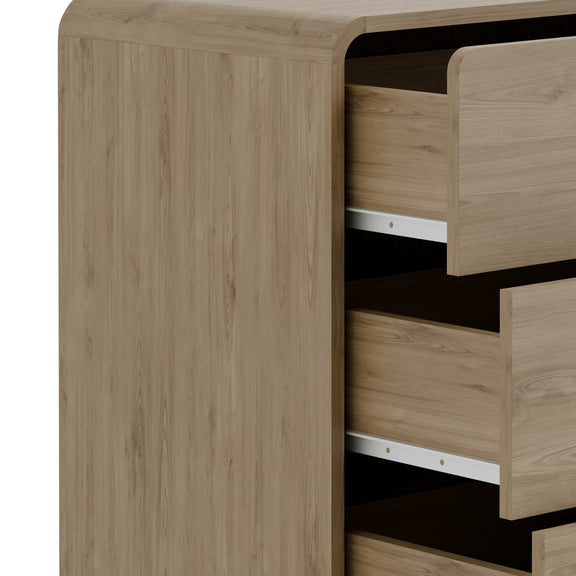 Wooden cabinet with open drawers on a white background
