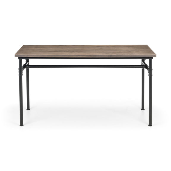 Rectangular table with wooden top and metal frame on a white background