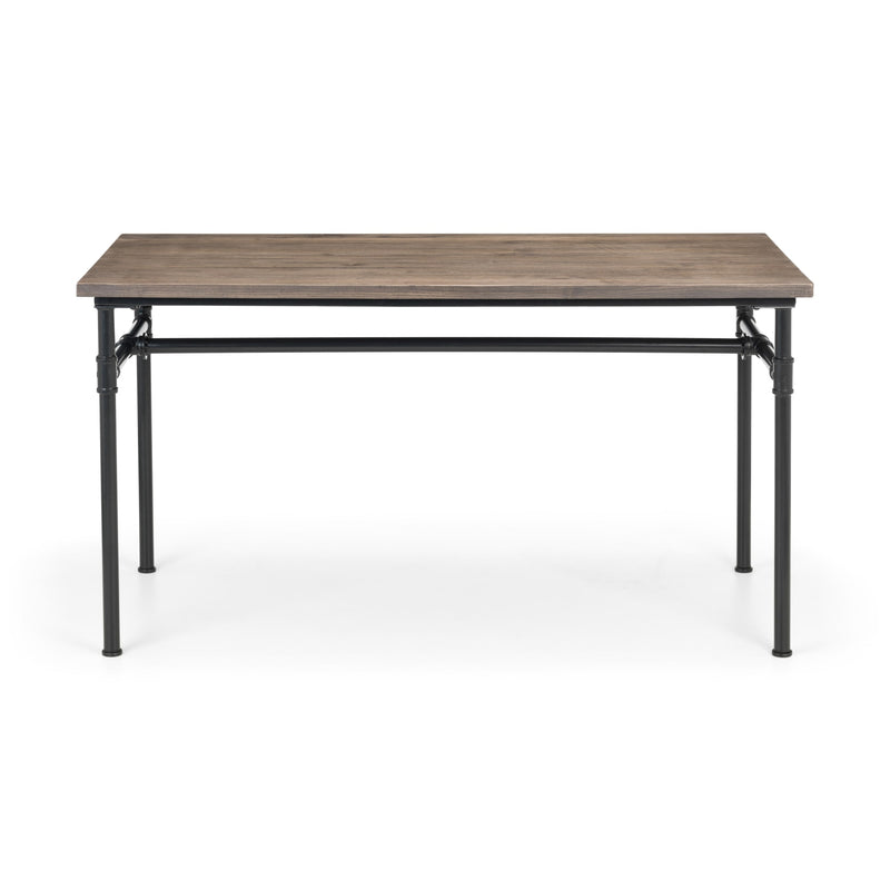 Rectangular table with wooden top and metal frame on a white background
