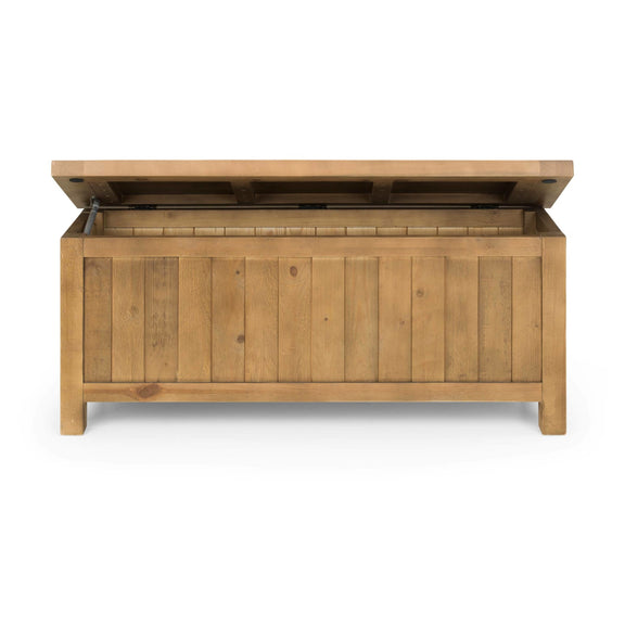 Wooden storage bench with open lid on a white background
