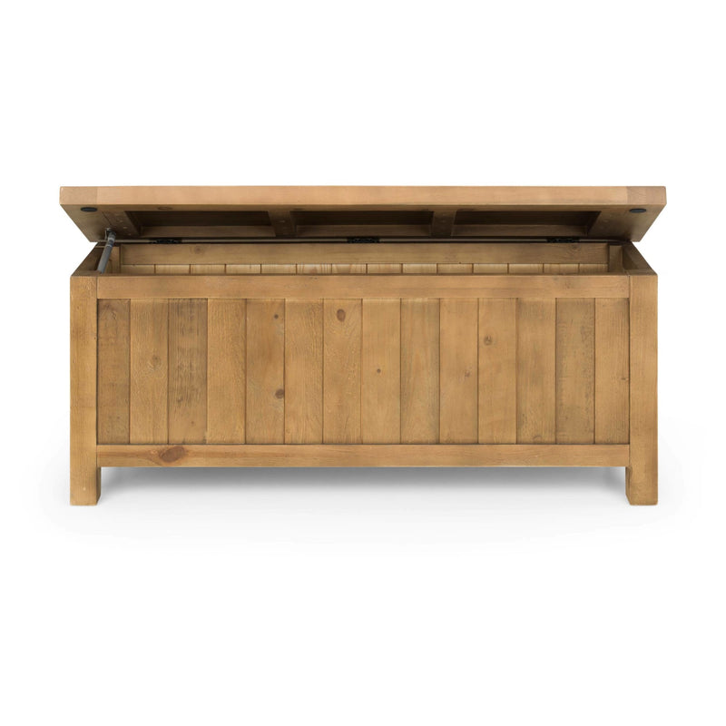 Wooden storage bench with open lid on a white background