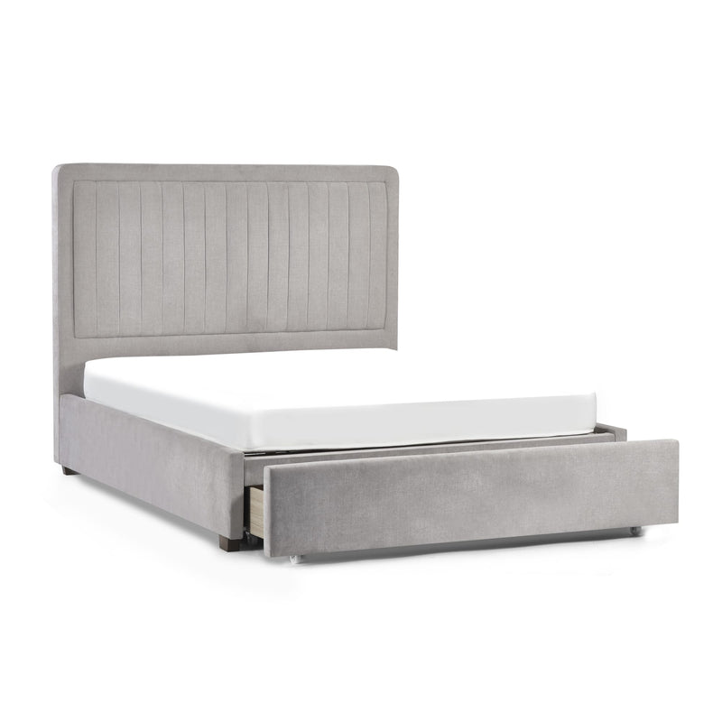 Gray upholstered bed with storage drawers on a white background